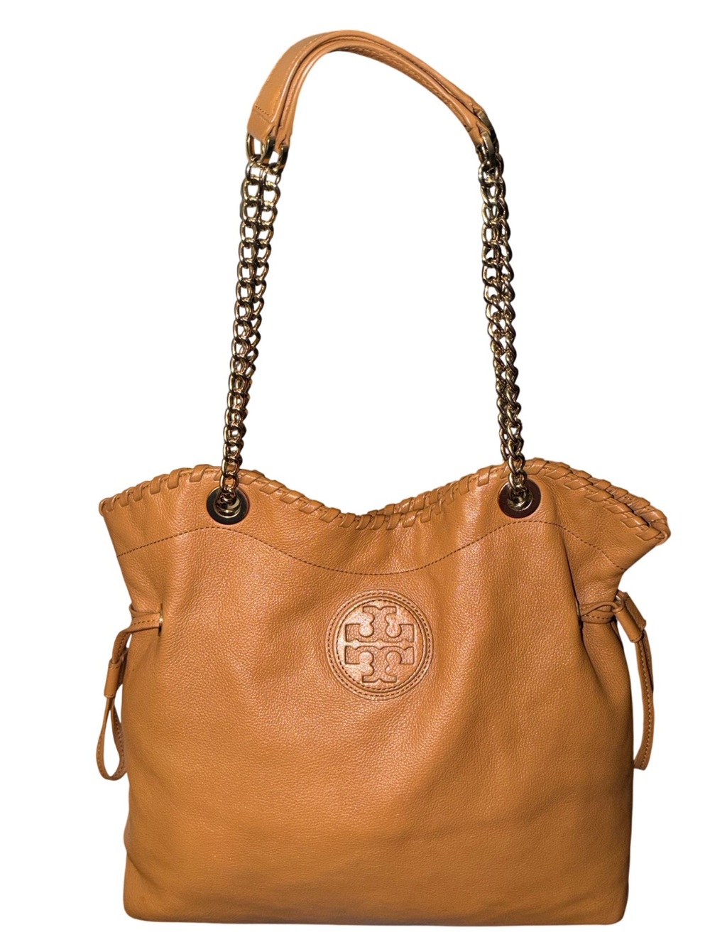 Tory Burch Marion Tan Leather Shoulder Tote with Chain-Strap Detail- modified.